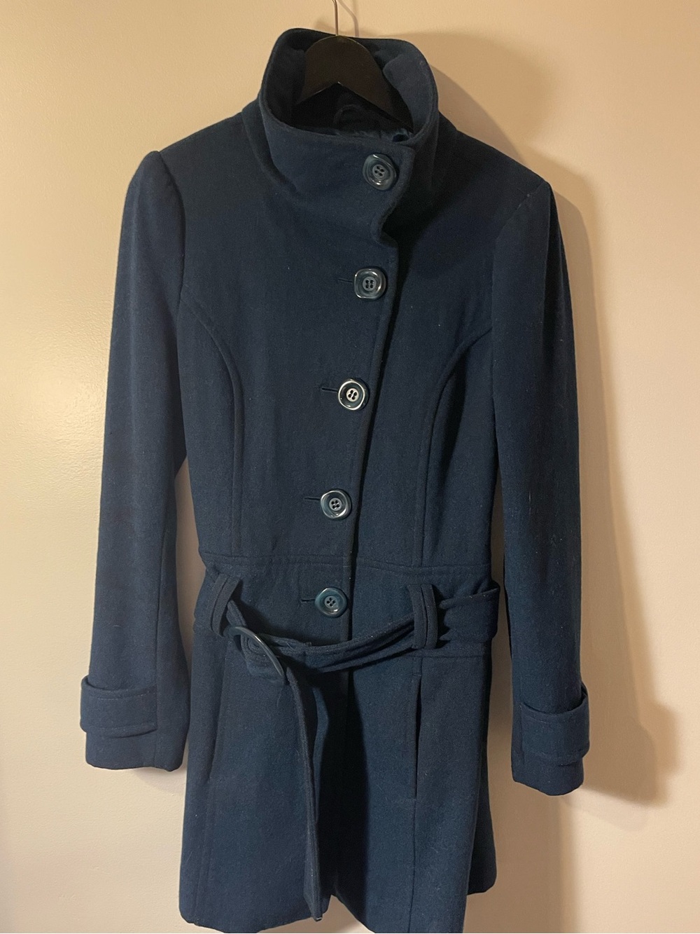 Smart Set Navy Wool Blend High Stand Collar Belted Peacoat Jacket M